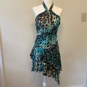 VINTAGE BLUE AND BROWN LEOPARD PRINT RUFFLED HALTER DRESS